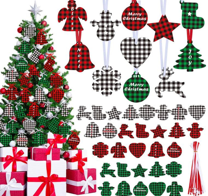 NEW !! 60 Pcs Christmas Buffalo Plaid Ornaments Christmas Trees Snowmen Snowflakes Bells
