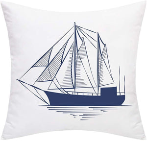 Durable Set of 4 White Blue Anchor Nautical Compass Sailboat Sailing Throw Pillow Covers 18"x18"