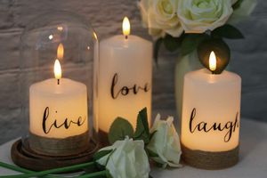 Sale!!! Flameless Candles with 10-Key Remote Timer, Real Wax Pillar LED Candles Live Laugh Love, Realistic 3D Wick Flickering Gift ( Pack of 3)