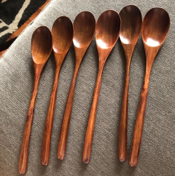 6 Pcs Japanese Style 9" Wooden Spoons Eating Mixing Stirring Long Handle Table Spoon Utensil