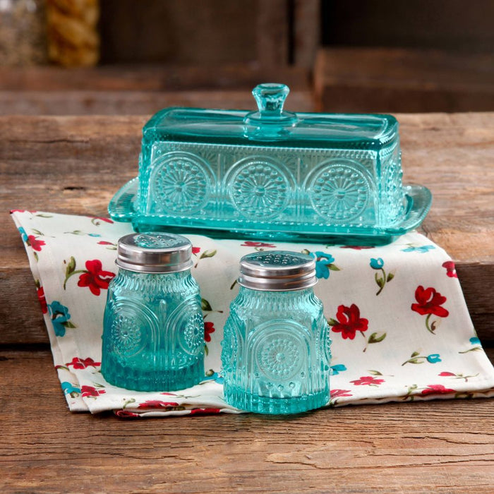 The Pioneer Woman Adeline Glass Butter Dish with Salt And Pepper Shaker Set, Turquoise