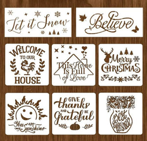 8pcs Reusable Painting Stencils DIY Art Home Decor Drawing Templates Christmas Word Letter Stencil