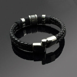 Men's Stainless Steel Leather Bracelet Magnetic Silver Clasp Bangle Black Gift