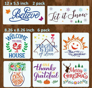 8pcs Reusable Painting Stencils DIY Art Home Decor Drawing Templates Christmas Word Letter Stencil