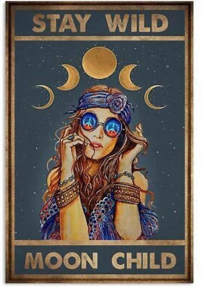 Stay Wild Moon Child Retro Metal Tin Sign Vintage Aluminum Sign for Home Coffee Wall Decor 8x12 Inch