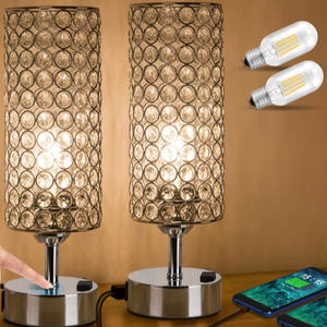 Set of 2 Touch Control Crystal Table Lamp, Modern Elegant Decor Nightstand Lamps Built-in USB