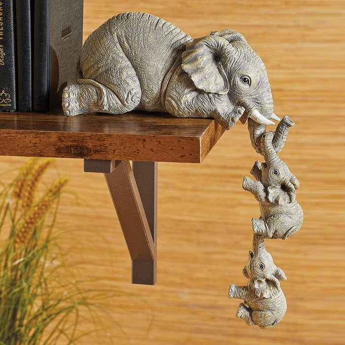 Set of 3, Elephant Sitter Statue Hand-Painted Figurines- Mother and Two Babies Hanging Off