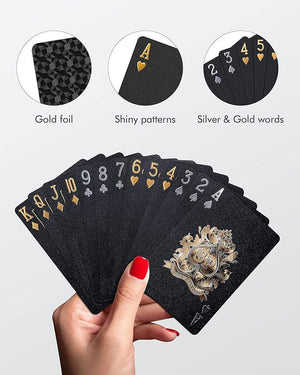LUXURY Waterproof Black PVC Playing Cards, Poker Cards, HD, Deck of Cards Black w/Gold Foil NEW