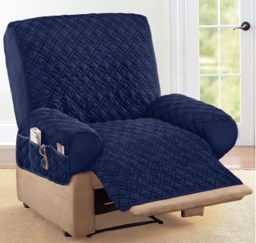 Diamond Quilted Stretch Recliner Cover with Storage Navy Recliner