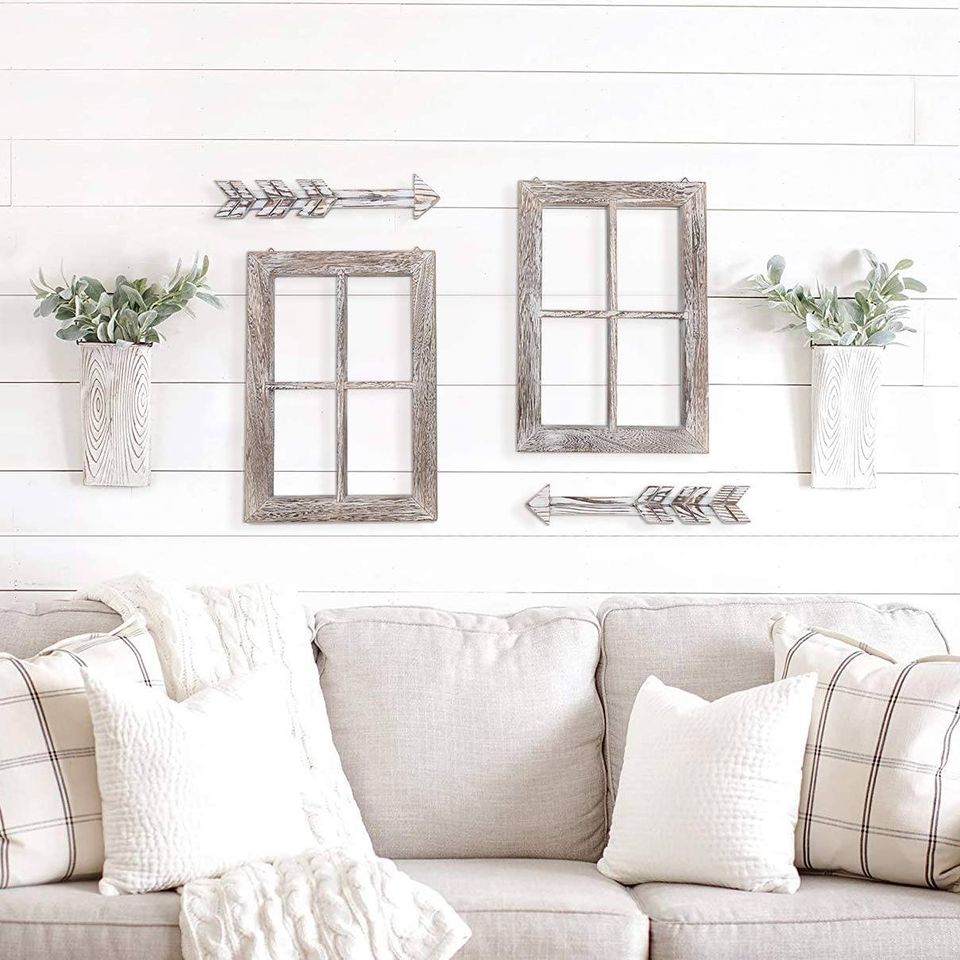 New Set of 2 White Farmhouse Rustic Wall Art Decor Window Frame and 2 ...