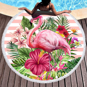 Tree Flamingo Microfiber Round Beach Oversized Blanket with Fringe Tassels, 59"