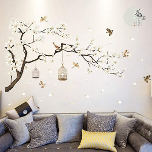 White Flowers Black Tree and Flying Birds Wall Stickers Removable DIY Wall Art 50x74 Inch