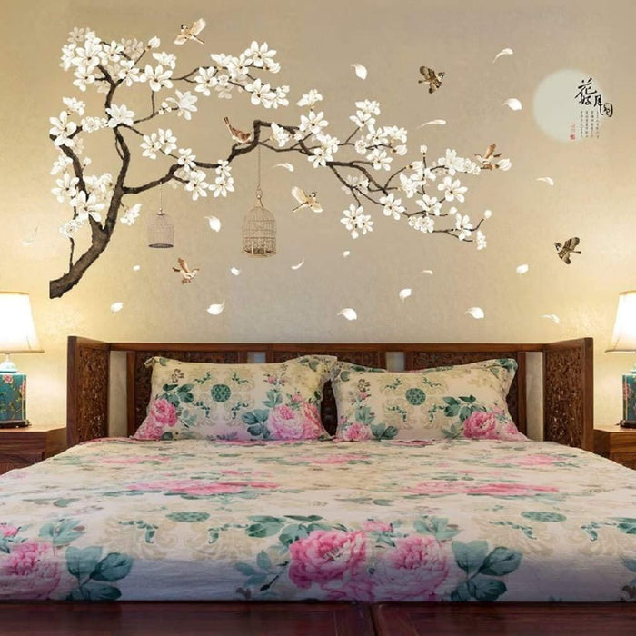 White Flowers Black Tree and Flying Birds Wall Stickers Removable DIY Wall Art 50x74 Inch