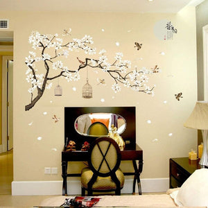 White Flowers Black Tree and Flying Birds Wall Stickers Removable DIY Wall Art 50x74 Inch