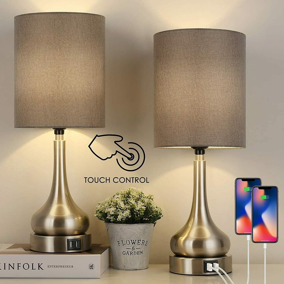 Set of 2 Table Lamps, Touch Activated, 2 USB Charging Ports, BRAND NEW Nightstand Light