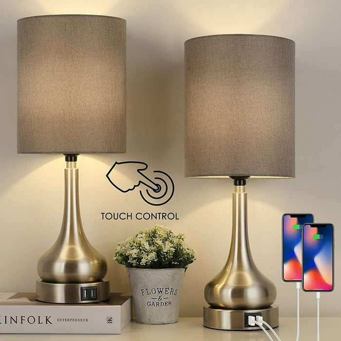Set of 2 Table Lamps, Touch Activated, 2 USB Charging Ports, BRAND NEW Nightstand Light