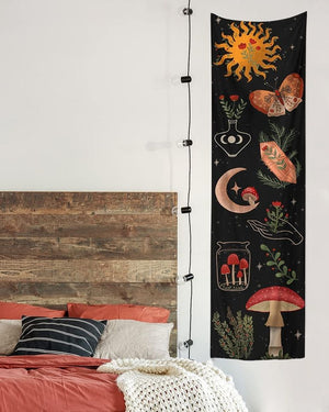 Botanical Mushroom Wall Hanging Floral Sun Moon Starry Chart Wall Tapestry 16" x 59"