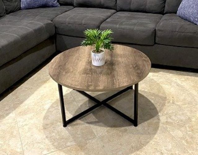 🌟*NEW* Coffee Table - Distressed Gray Oak Finish, Round, Black Metal Frame, Beige, Wood, Rustic