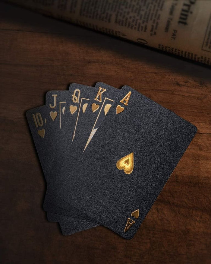 LUXURY Waterproof Black PVC Playing Cards, Poker Cards, HD, Deck of Cards Black w/Gold Foil NEW