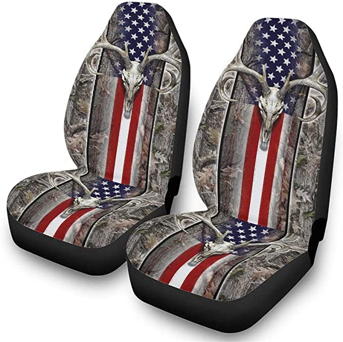 2 Piece Car Seat Covers Set American Flag Wood Deer Skull Oak Camo High Bucket Se.at