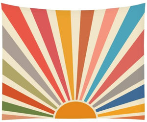 Vintage Sun Tapestry Boho Wall Hanging Retro 70s Rainbow Sunrise Sunset Minimal Geometric 51x59"