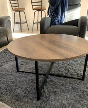 🌟*NEW* Coffee Table - Distressed Gray Oak Finish, Round, Black Metal Frame, Beige, Wood, Rustic