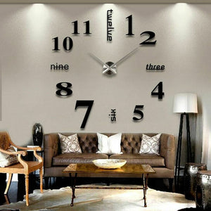 New-3D Mirror Surface Large Wall Clock Modern DIY Sticker Office Home Shop Art Decor-Black