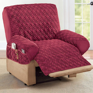 Diamond-Shape Quilted Stretch Recliner Cover with Storage Pockets - Furniture Protector, Burgundy, Recliner