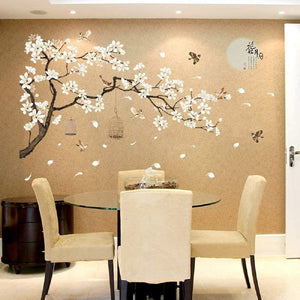 White Flowers Black Tree and Flying Birds Wall Stickers Removable DIY Wall Art 50x74 Inch