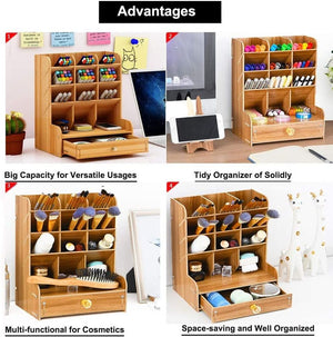 Wooden Desk Organiser Large Capacity Drawer Stationery Desktop Storage Box Desk Tidy Pen Holder