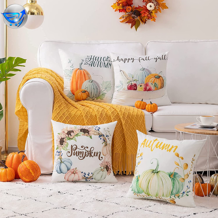 Set of 4 Fall Decor Throw Pillow Covers Cotton Linen