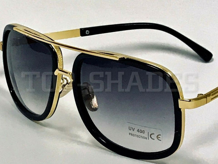 Men Fashion Sunglasses Oversized Square Gold Flat Top Frame Hip Hop Fancy Black