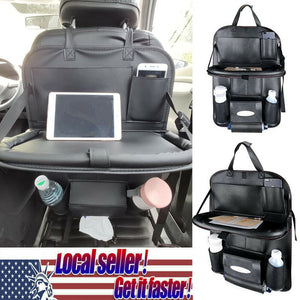 Black Leather Car Back Seat Organizer Storage Holder with Dining Table