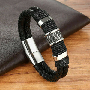 Men's Stainless Steel Leather Bracelet Magnetic Silver Clasp Bangle Black Gift