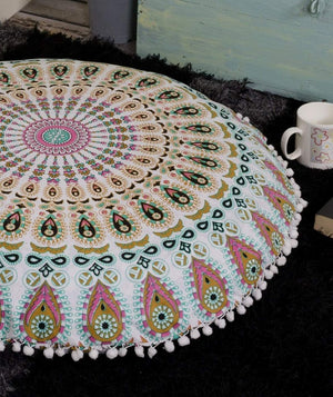 Large Mandala Round Hippie Floor Pillow Cushion Cover-Pouf Cover Bohemian Yoga Decor Multicolor 32"