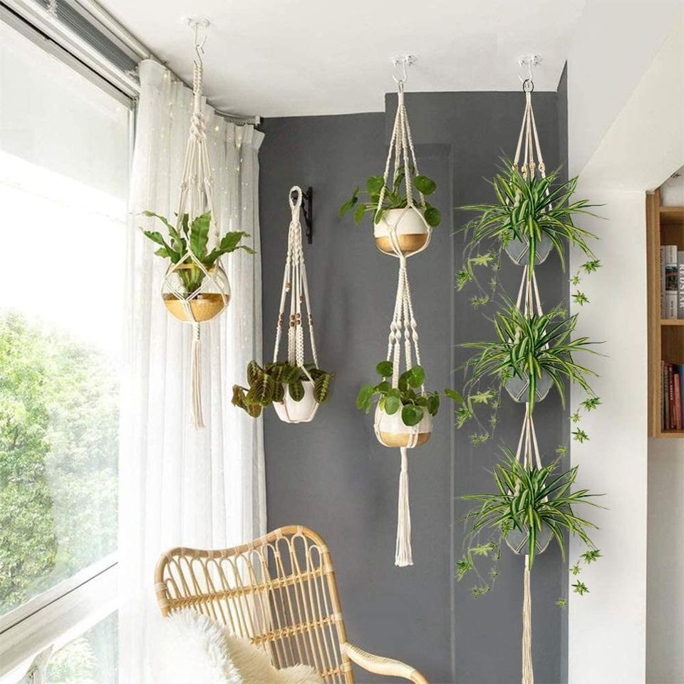 Set of 4 Modern Farmhouse Ivory Boho Macrame Multi Tier Plant Hangers