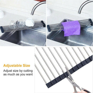 Extra Large Over the Sink Drying Rack Stainless Steel Roll-Up Dish Food Drainer