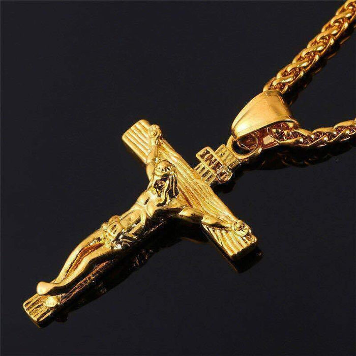 Mens Gold Stainless Steel Jesus Christ Crucifix Cross Pendant Necklace Chain