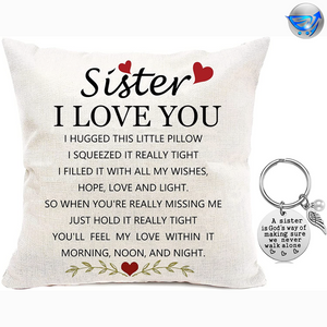 Sister I Love You Two Sided Printing Cotton Linen Pillow Cover + Sister Keychain