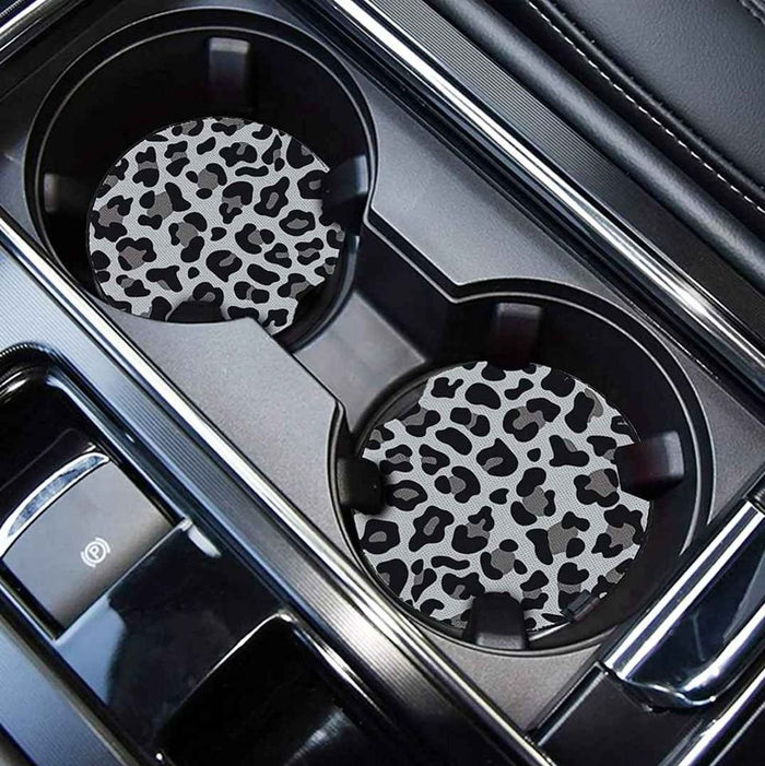 Car Coasters for Drinks Absorbent Cute Car Cup Holders -Snow Cheetah Print [Set of 2]