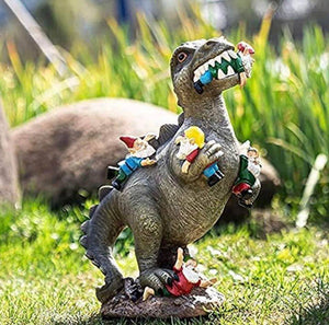 Garden Gnome Statues Outdoor Decor, Dinosaur Eating Gnomes Garden Art Outdoor