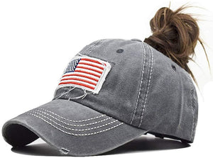 Ponytail Hat for Women American-Flag Pony Tail Caps High Bun