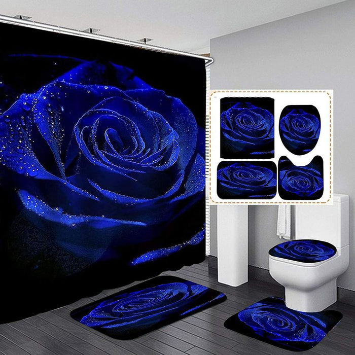 Blue Rose Shower Curtain Set 4Pcs