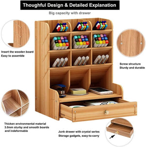 Wooden Desk Organiser Large Capacity Drawer Stationery Desktop Storage Box Desk Tidy Pen Holder