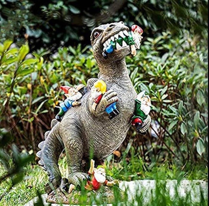 Garden Gnome Statues Outdoor Decor, Dinosaur Eating Gnomes Garden Art Outdoor