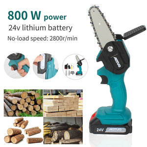 4" Cordless Mini Chainsaw Electric Chain Saw 24V 800W Wood Cutter Cutting Tool