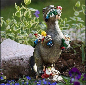 Garden Gnome Statues Outdoor Decor, Dinosaur Eating Gnomes Garden Art Outdoor