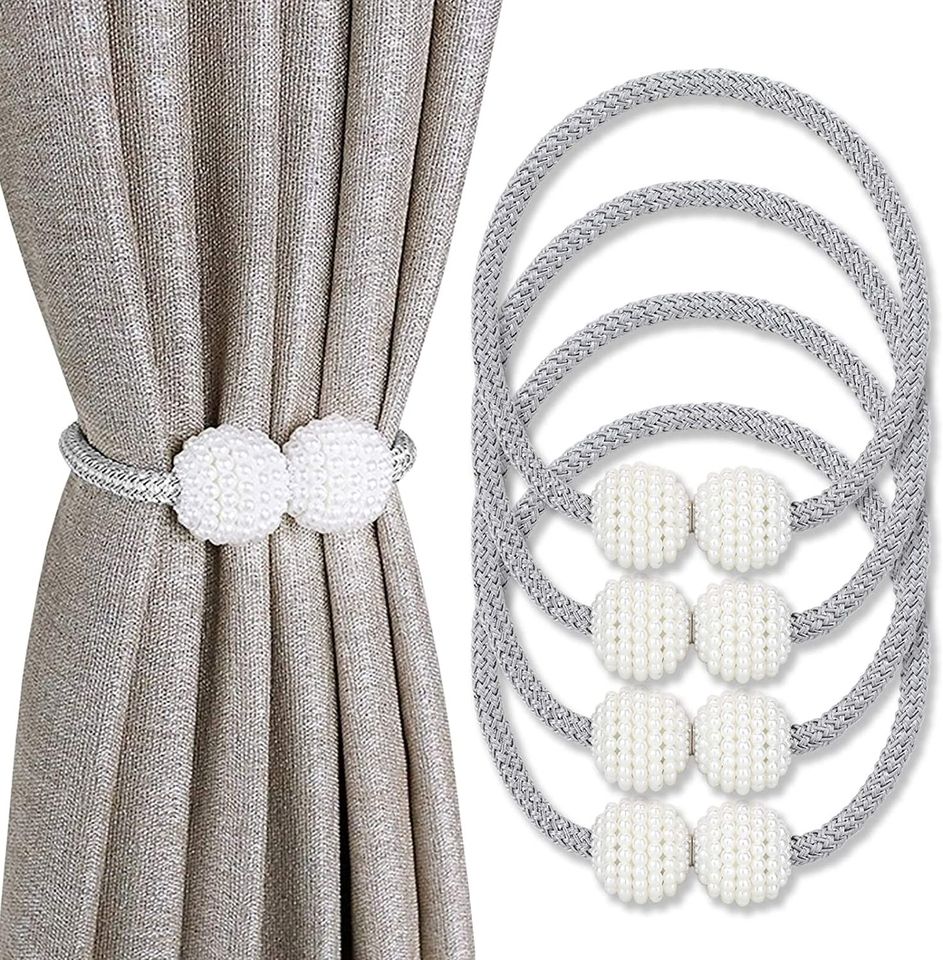 💯NEW❗ 4 Pack Pearl Magnetic Curtain Tiebacks Convenient Drape Tie Backs Weave Holder 16"