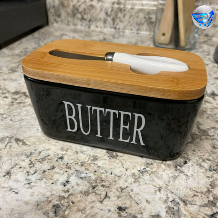Large Butter Dish with Lid Ceramics Butter Keeper Container (Black)