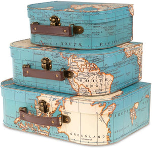 3 Pcs Vintage World Map Design Paperboard Suitcases Nesting Storage Gift Boxes